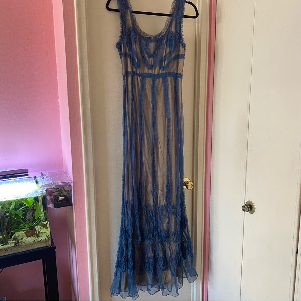 James Coviello Sleeveless Mustard Maxi Dress with Blue Mesh Overlay